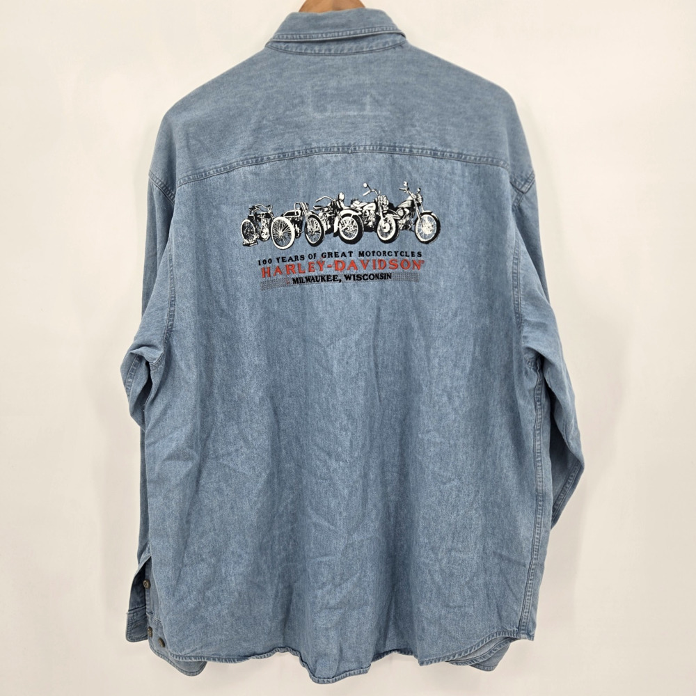 Vtg Harley Davidson Long Sleeve Button Up Denim Shirt 2003 Centennial Oshkosh WI